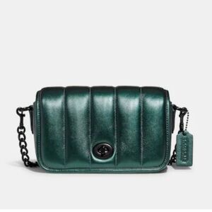 Coach Dinky 18 With Quilting in metallic dark green.